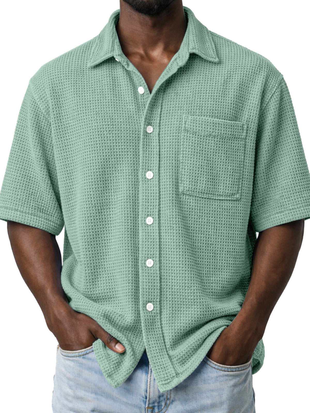 Men's Casual Solid Color Waffle Knit Short-sleeved Shirt With Pockets