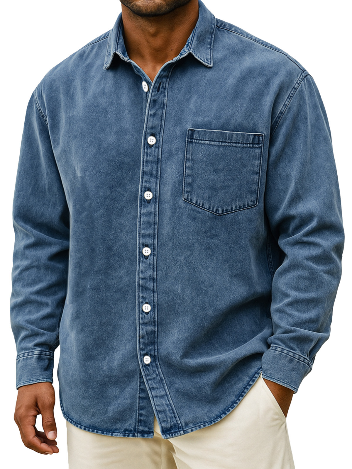 Men's Retro Solid Color Loose Long Sleeve Shirt