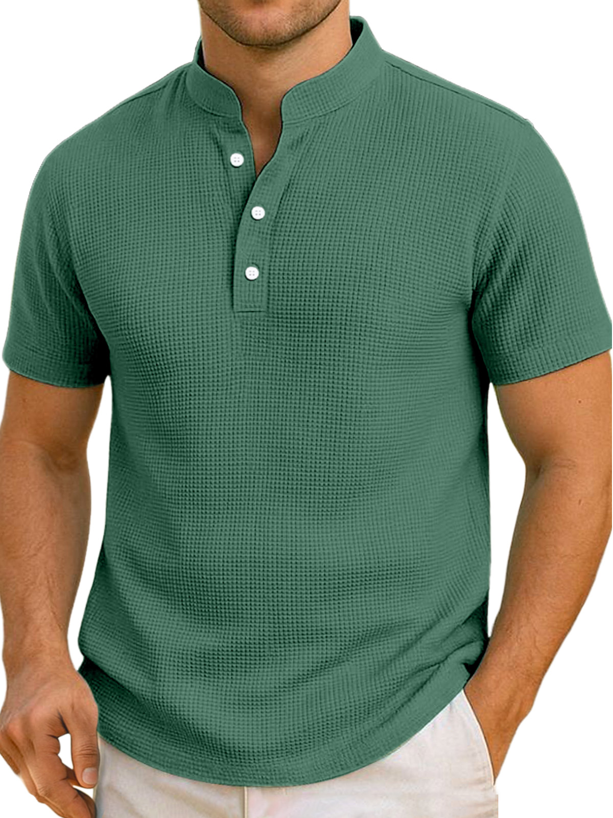 Men's Daily Simple And Comfortable Solid Color Waffle Short-sleeved Henley Shirt