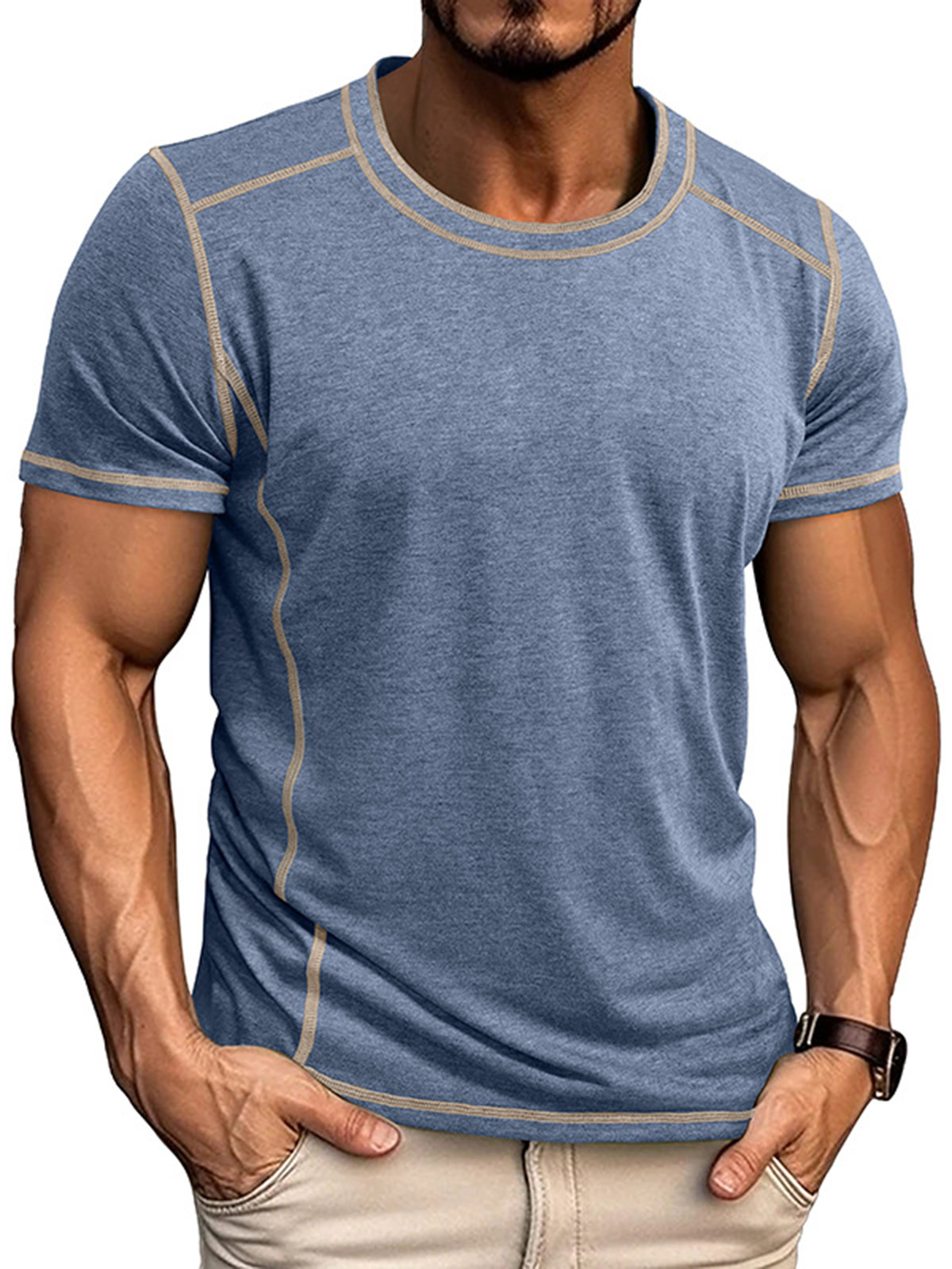 Men's Basic Casual Solid Color Stitching Design Round Neck Short-sleeved T-shirt