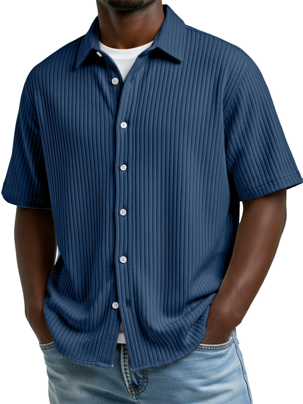Men's Simple Solid Color Vertical Stripe Lapel Short-Sleeve Shirt