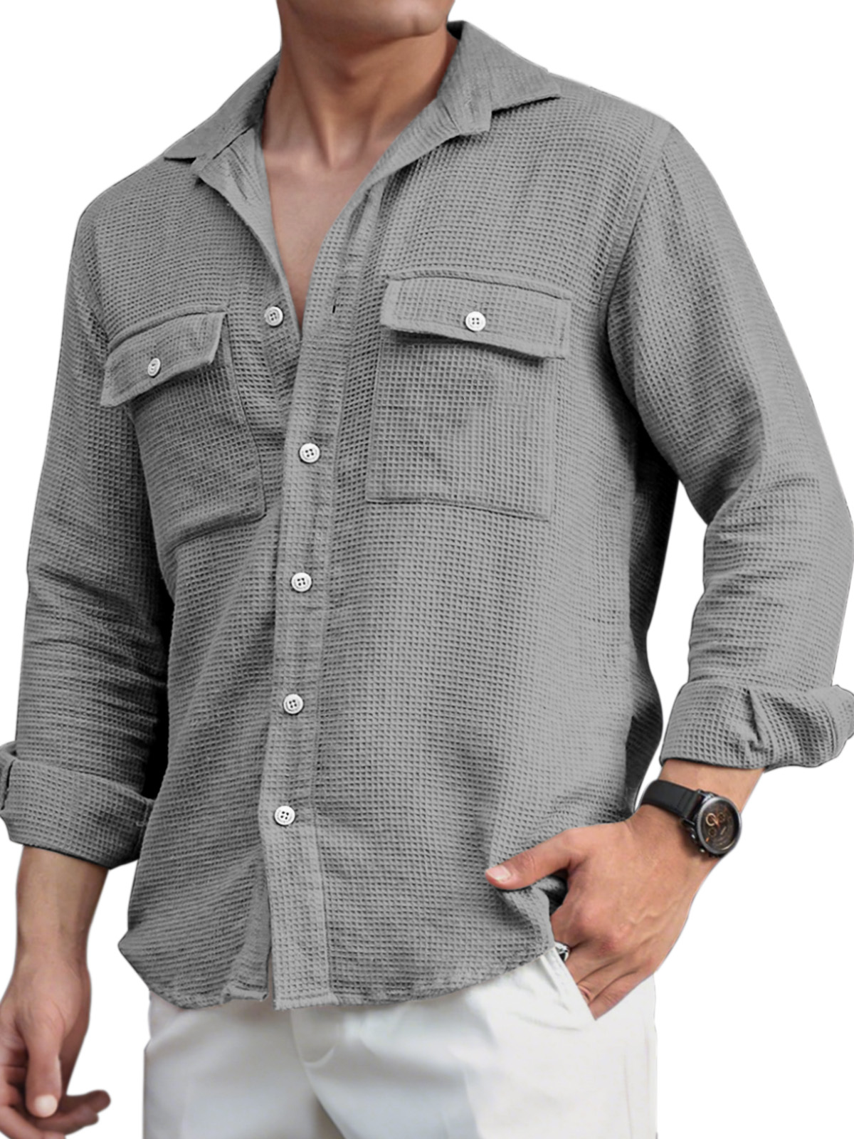 Men's Everyday Casual Solid Color Double Pocket Waffle Lapel Long Sleeve Shirt