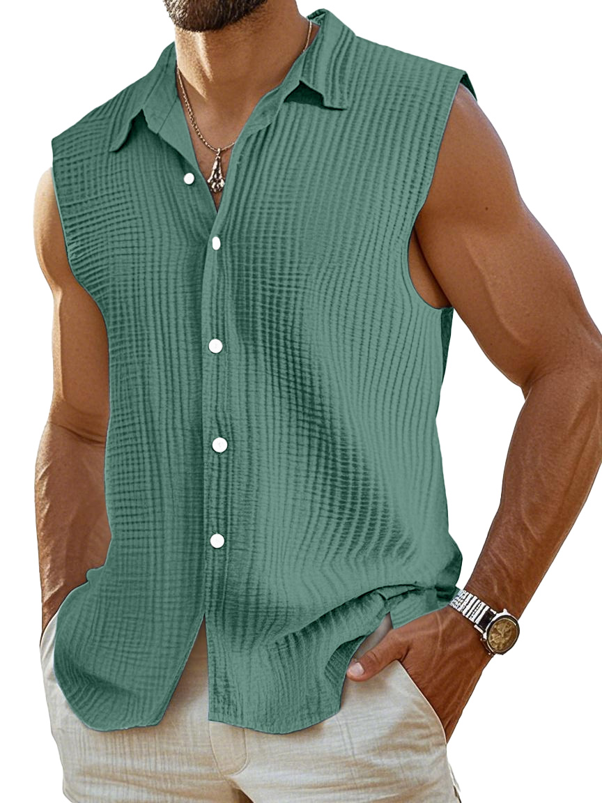 Men's Casual Pleated Texture Solid Color Sleeveless Shirt