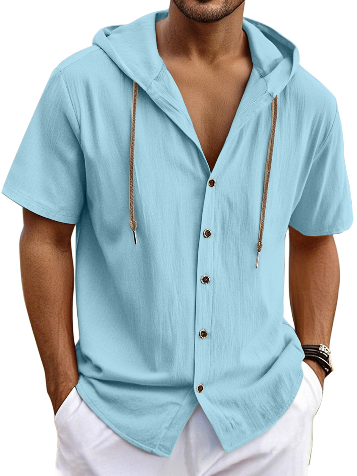 Men's Casual Solid Linen Short Sleeve Hooded Shirt