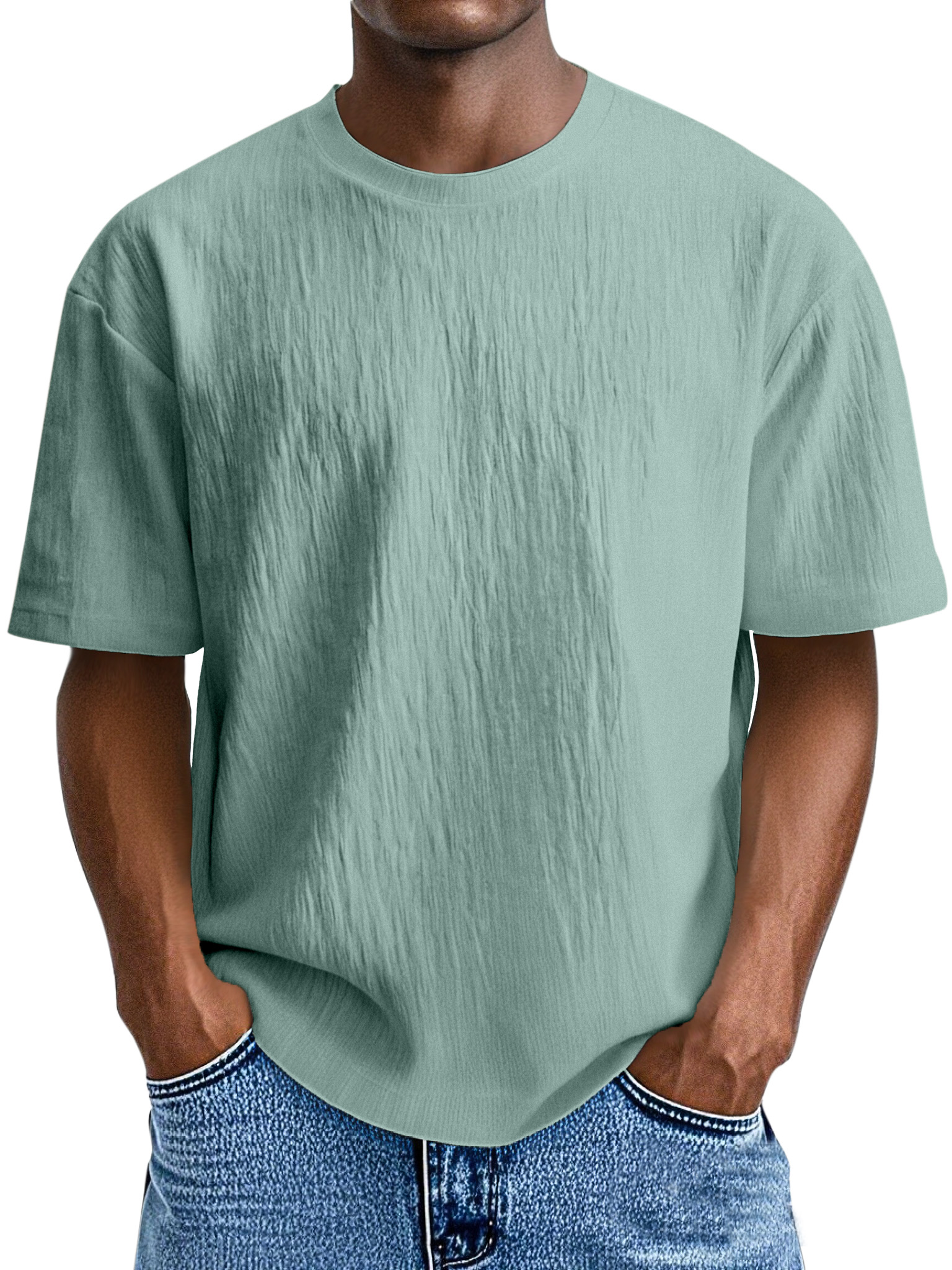 Men's Simple, Comfortable And Loose Solid Color Pleated Round Neck Short-sleeved T-shirt