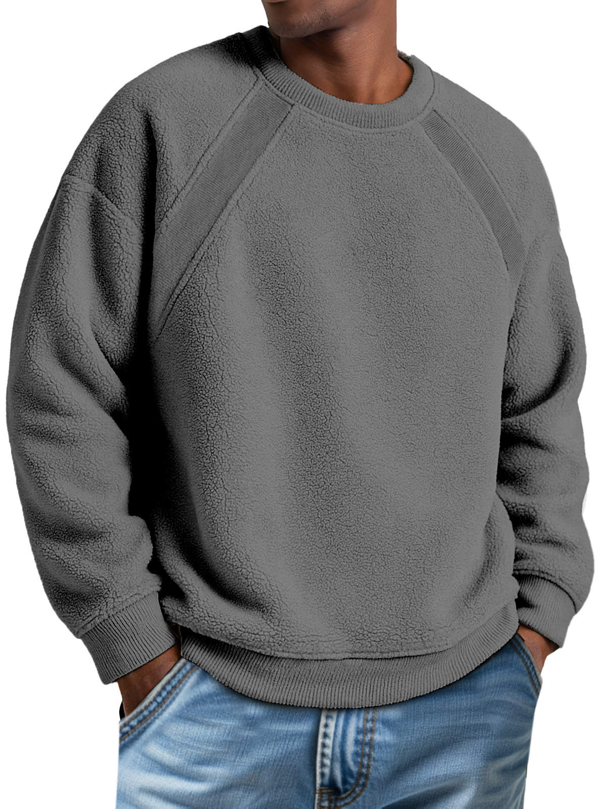 Men's Round Neck Polar Fleece Ribbed Split Patchwork Sweatshirt