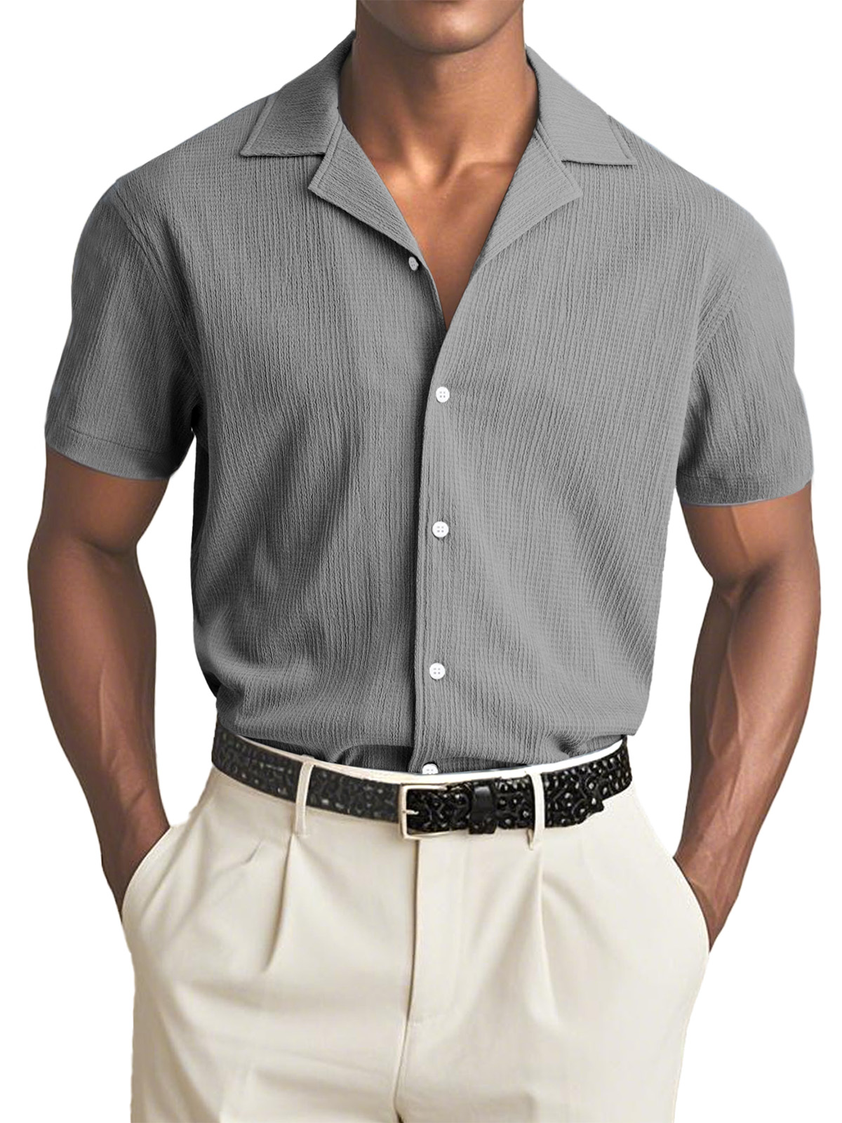 Men's Simple Solid Color Textured Cuban Collar Short-sleeved Shirt