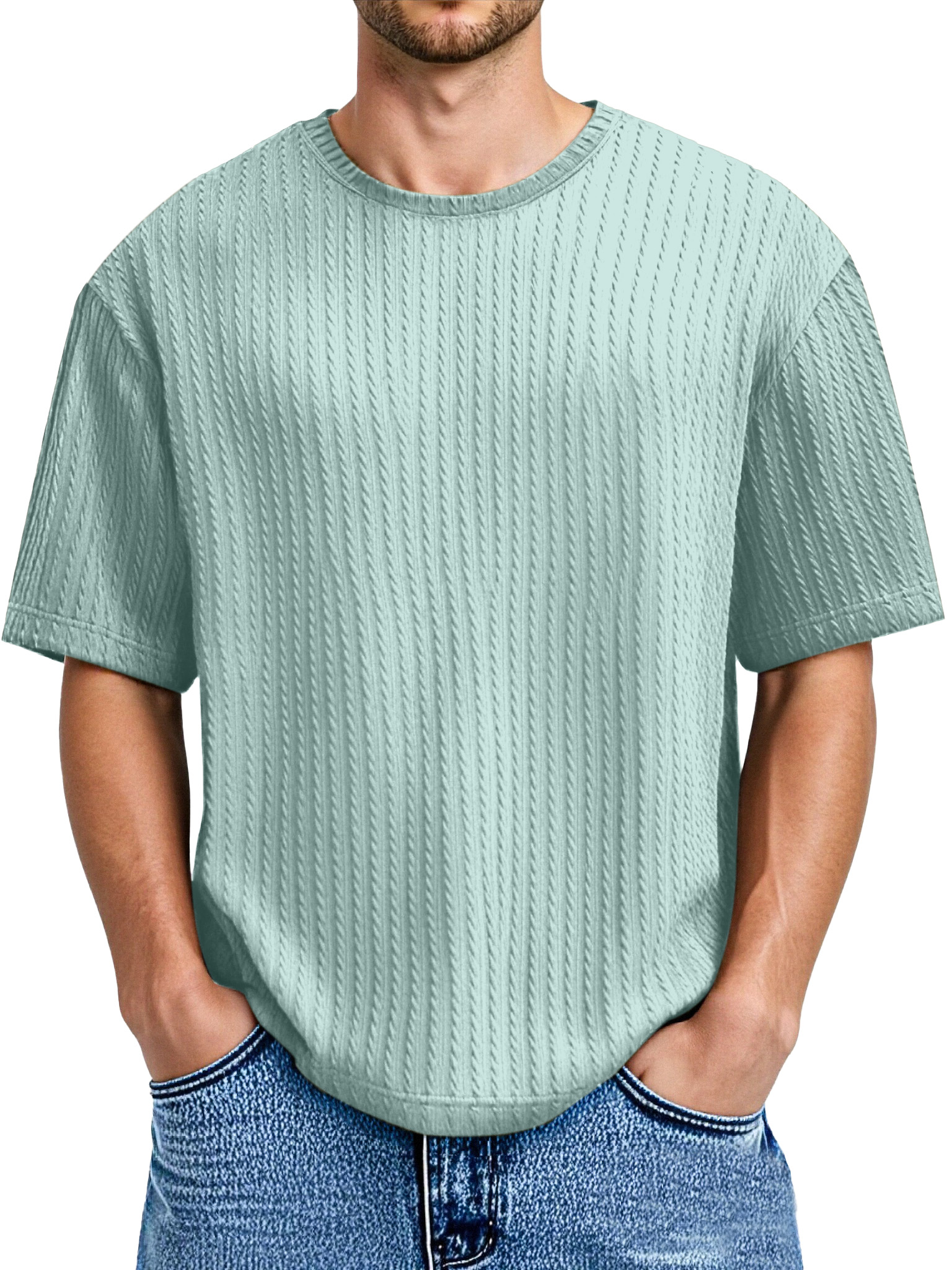 Men's Daily Solid Color Twist Texture Short-sleeved Round Neck T-shirt