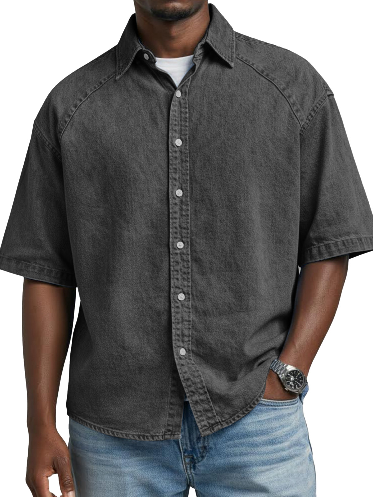 Men's Retro Solid Color Raglan Collared Short-Sleeve Shirt