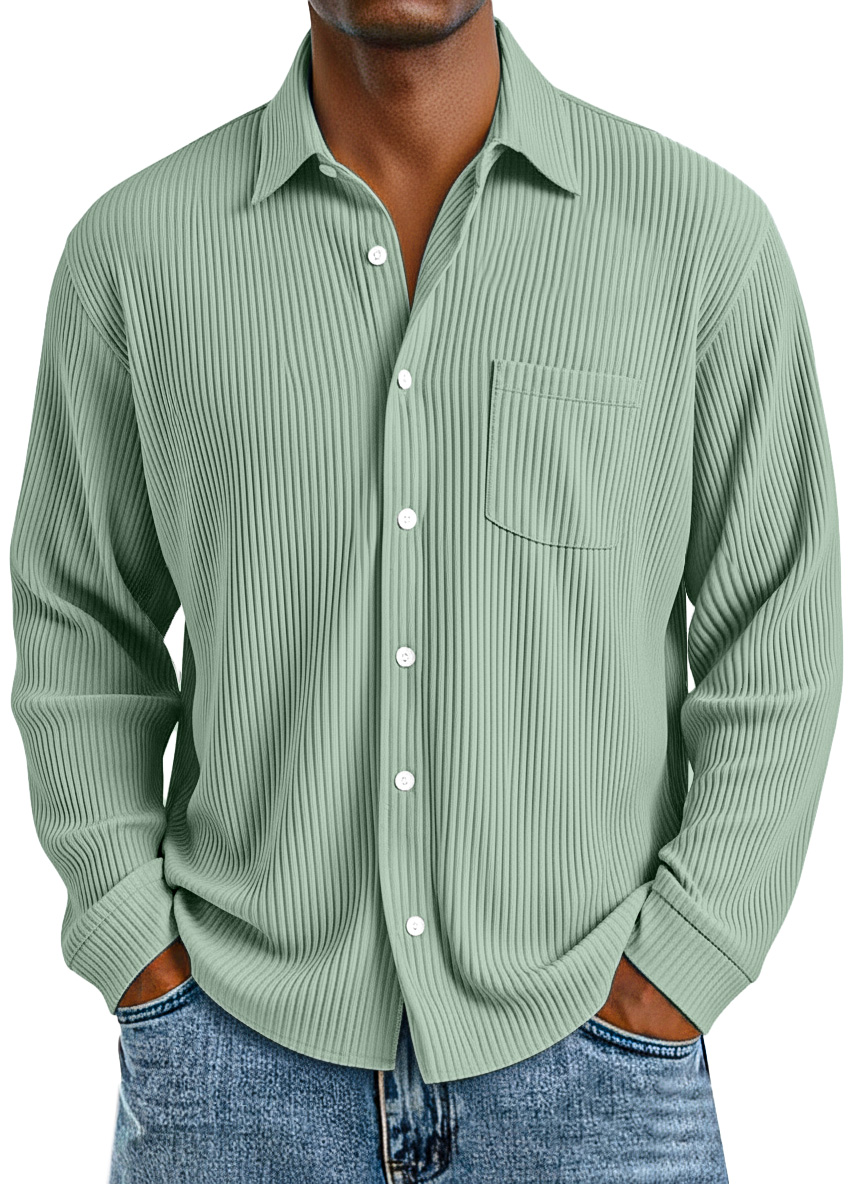 Men's daily casual vertical pit texture solid color lapel long-sleeved shirt