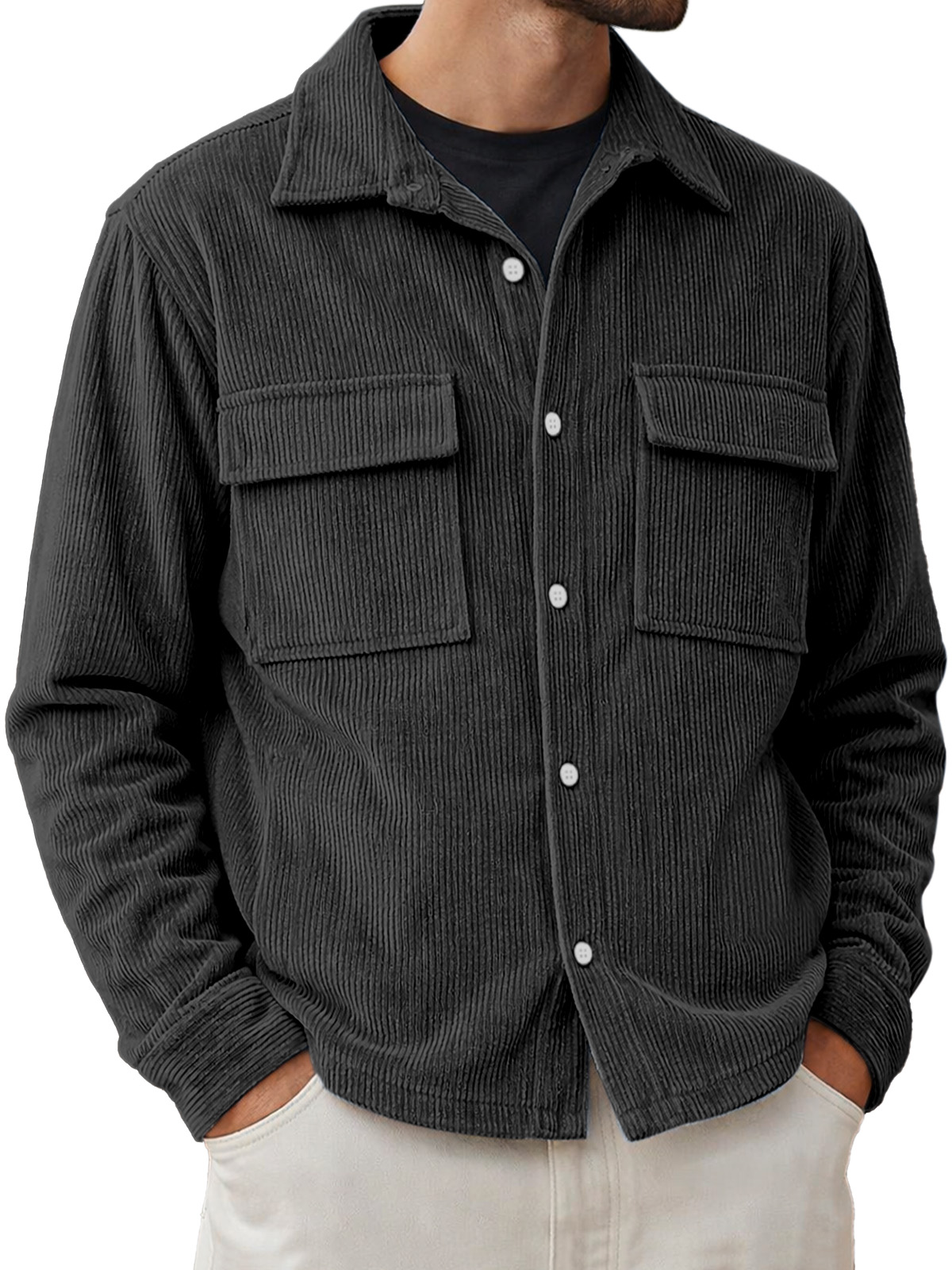Men's Basic Double-pocket Corduroy Button-down Long-sleeved Shirt