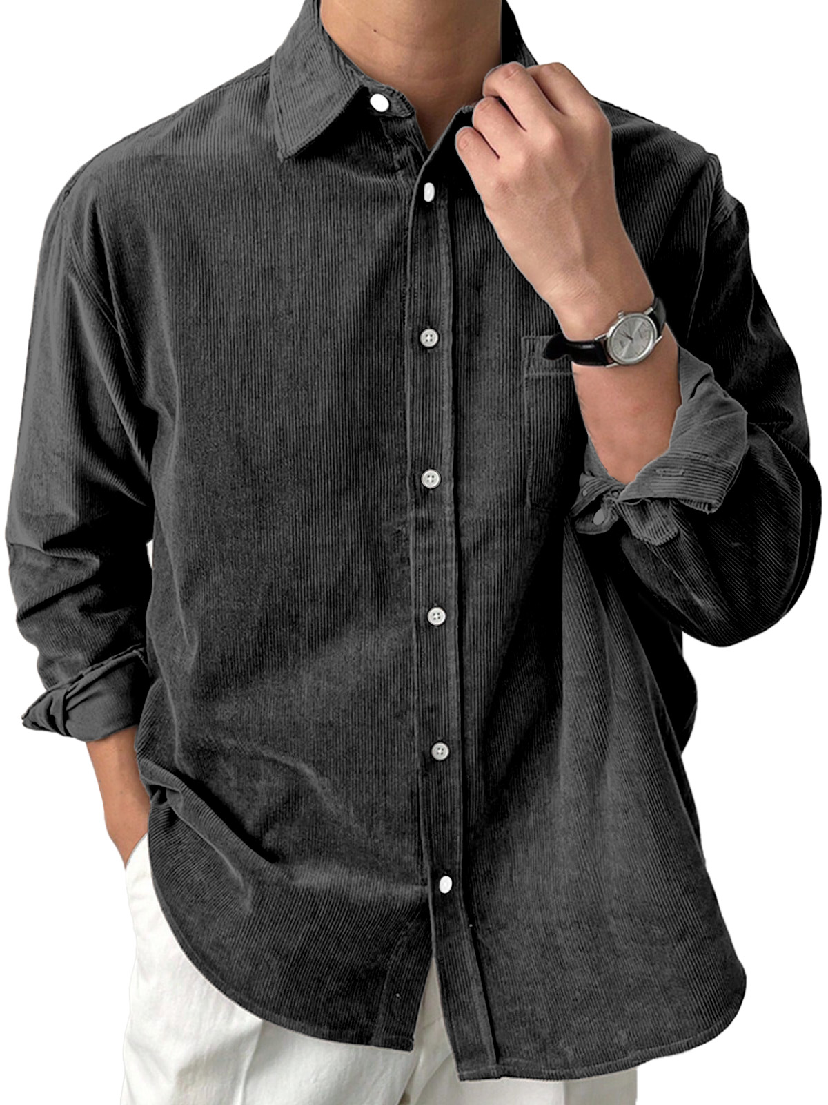 Men's Casual Solid Color Corduroy Loose Lapel Long Sleeve Shirt