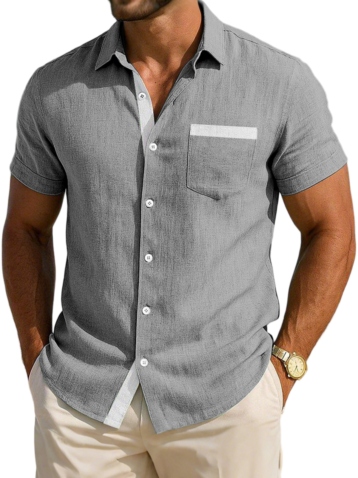 Men's Simple Daily Casual Breathable Contrast Button Short-sleeved Shirt