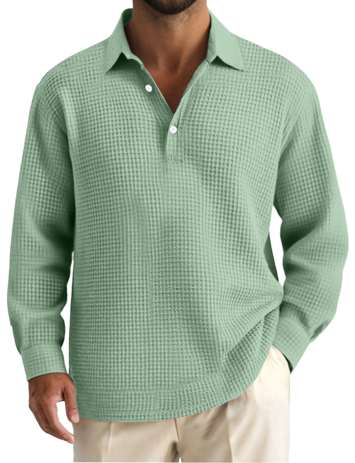 Men's Simple Solid Color Waffle Long Sleeve Polo Shirt