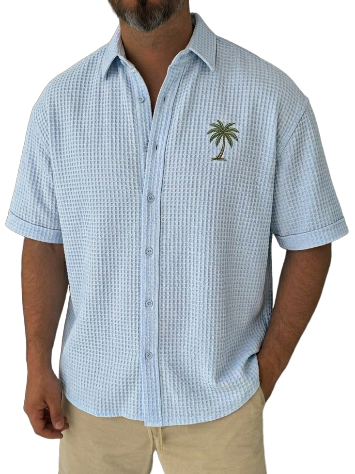 Men's Simple Casual Loose Fit Waffle-Knit Short Sleeve Shirt with Palm Tree Pattern