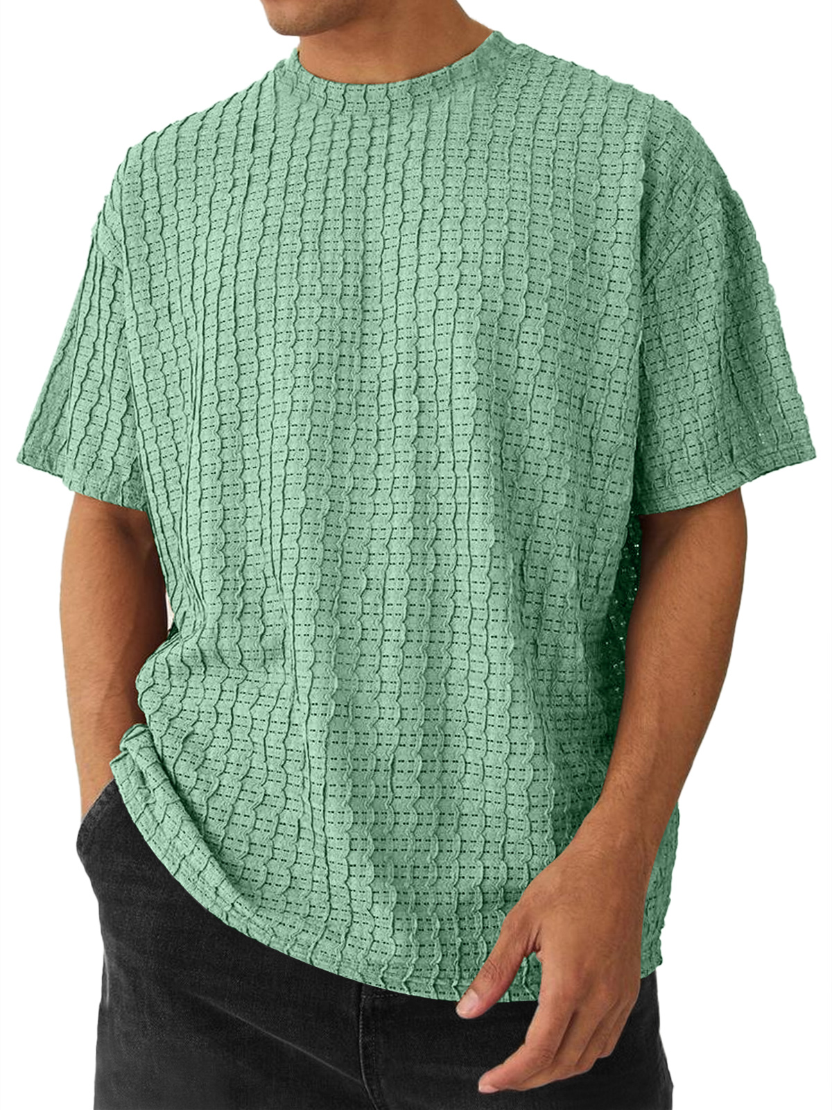 Men's Round Neck Casual Texture Solid Color Short-sleeved T-shirt