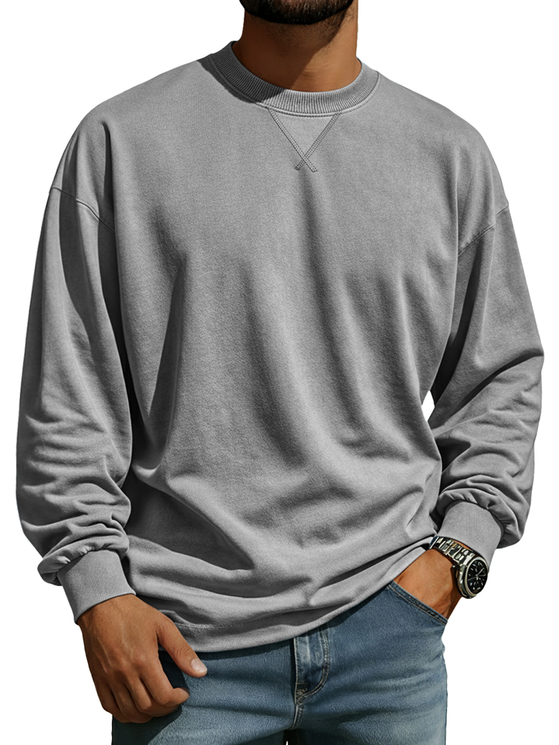 Men's Comfortable Crew Neck Long-sleeved T-shirt With A Crossover Design