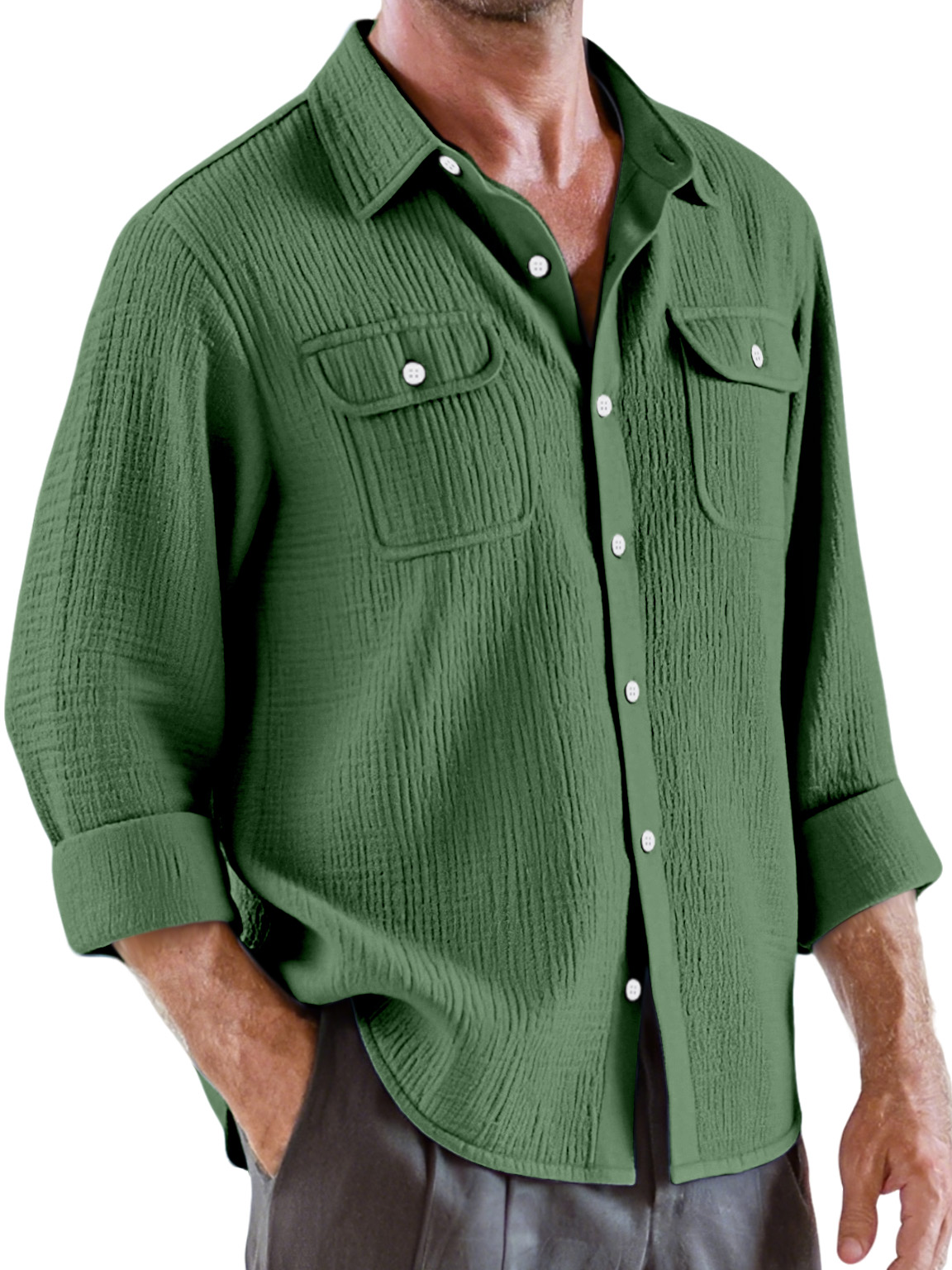 Men's Casual Solid Color Pleated Texture Double Pocket Long Sleeve Shirt