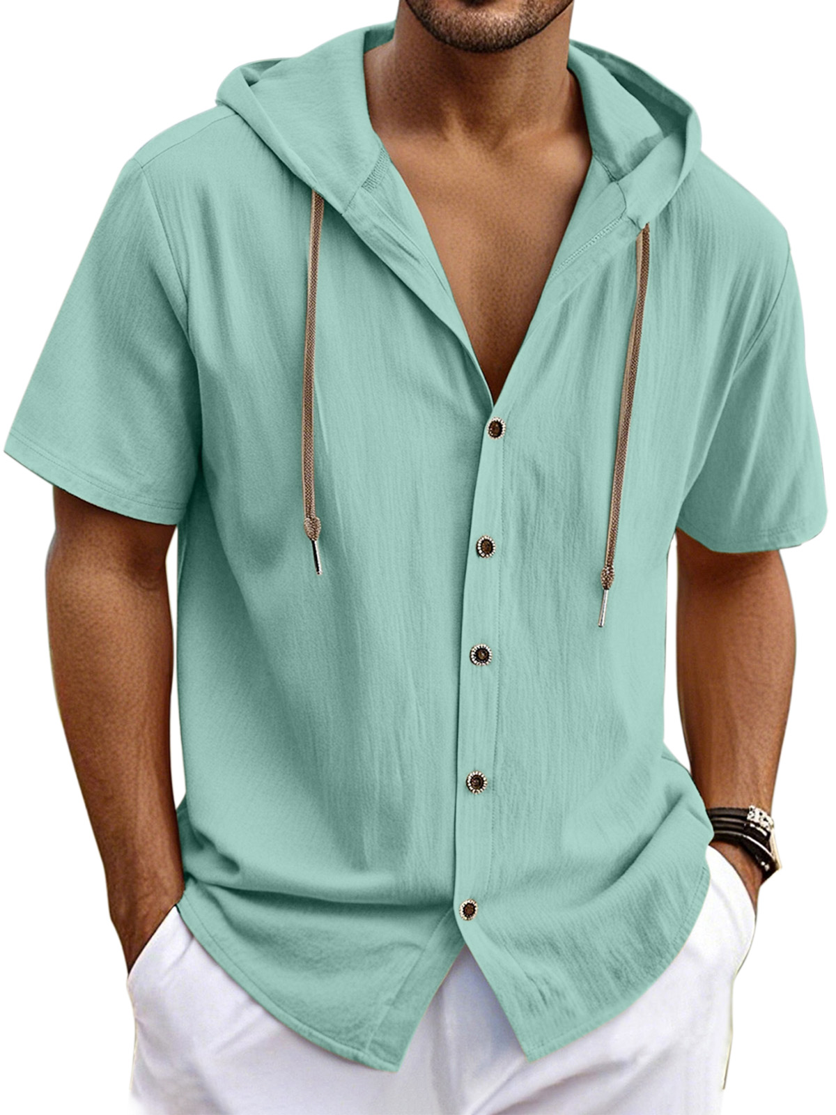 Men's Casual Solid Linen Short Sleeve Hooded Shirt