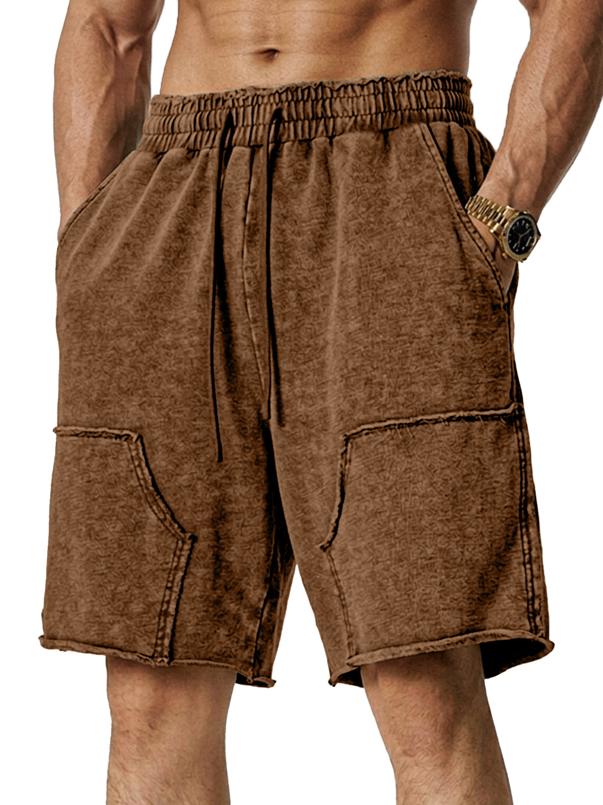 Men's Retro Loose Solid Color Stitching Design Casual Shorts