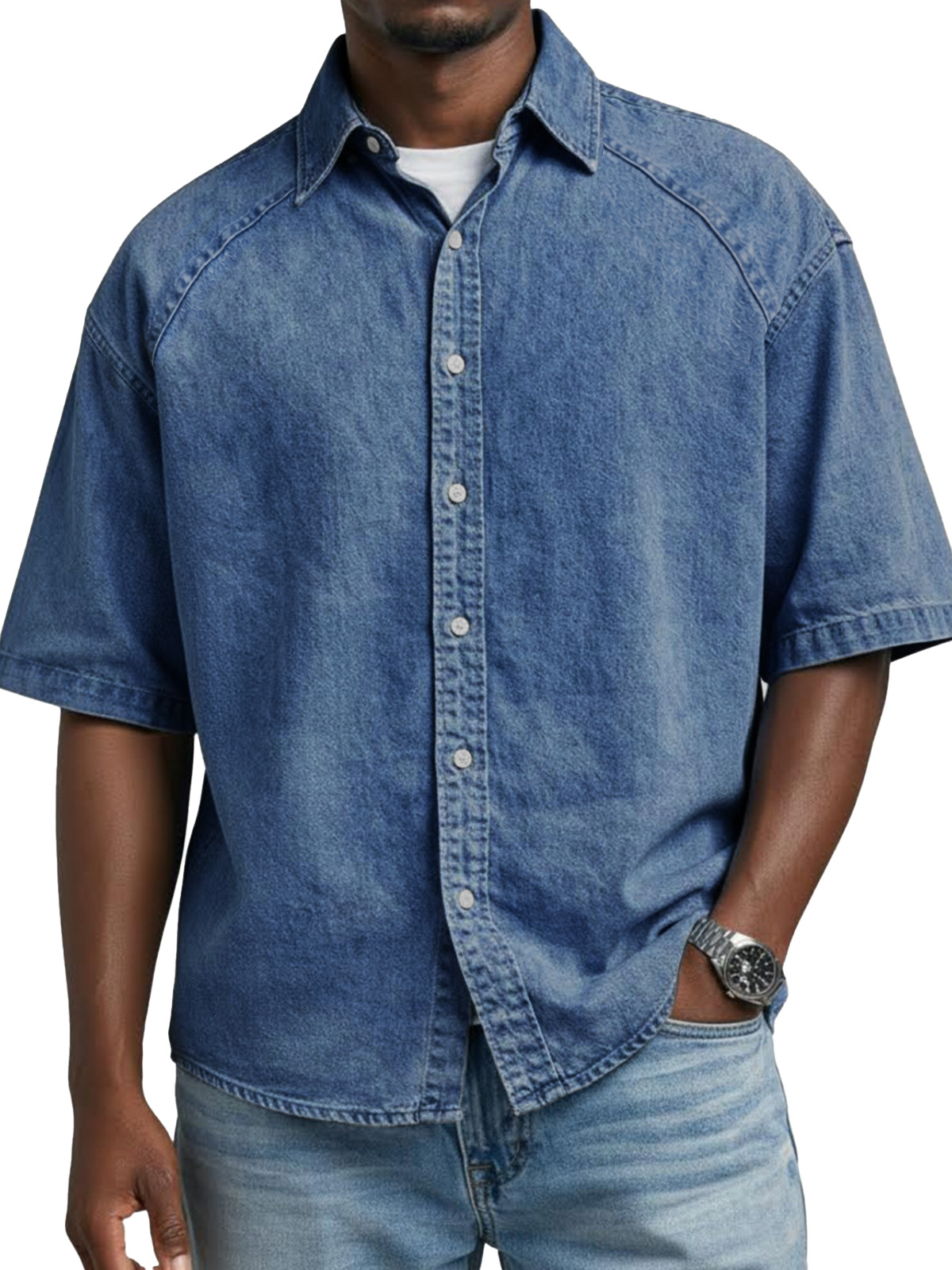 Men's Retro Solid Color Raglan Collared Short-Sleeve Shirt