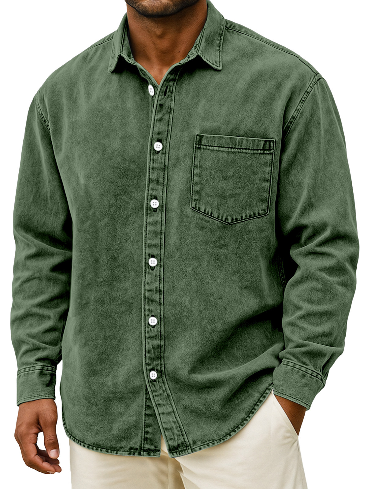 Men's Retro Solid Color Loose Long Sleeve Shirt