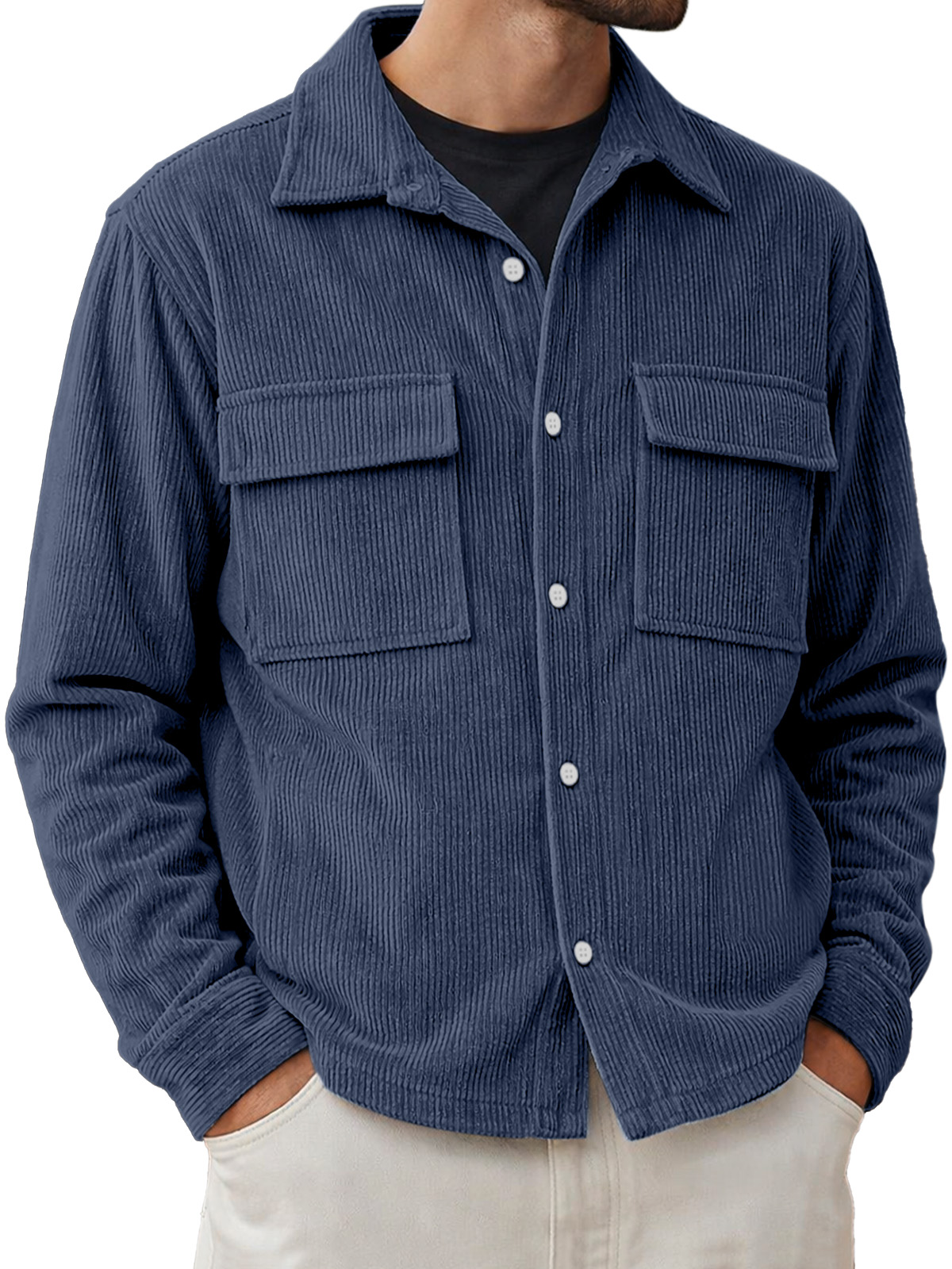Men's Basic Double-pocket Corduroy Button-down Long-sleeved Shirt