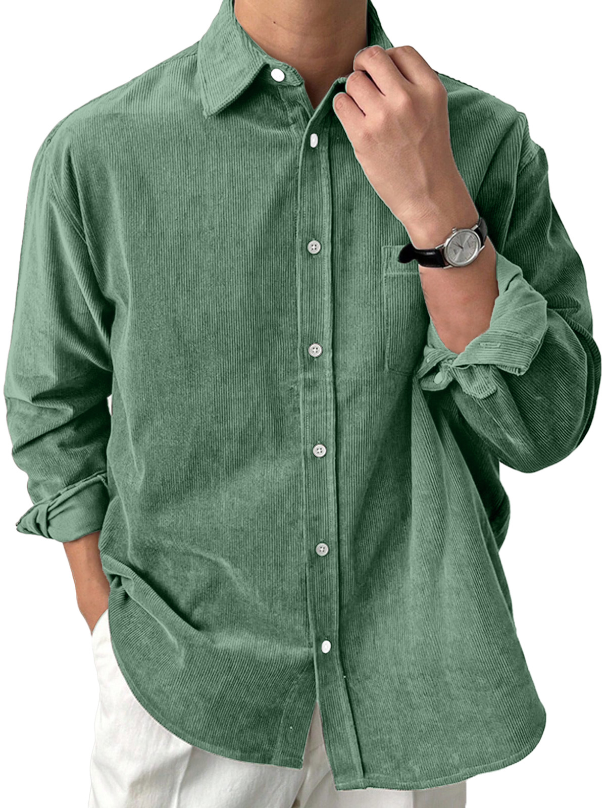 Men's Casual Solid Color Corduroy Loose Lapel Long Sleeve Shirt