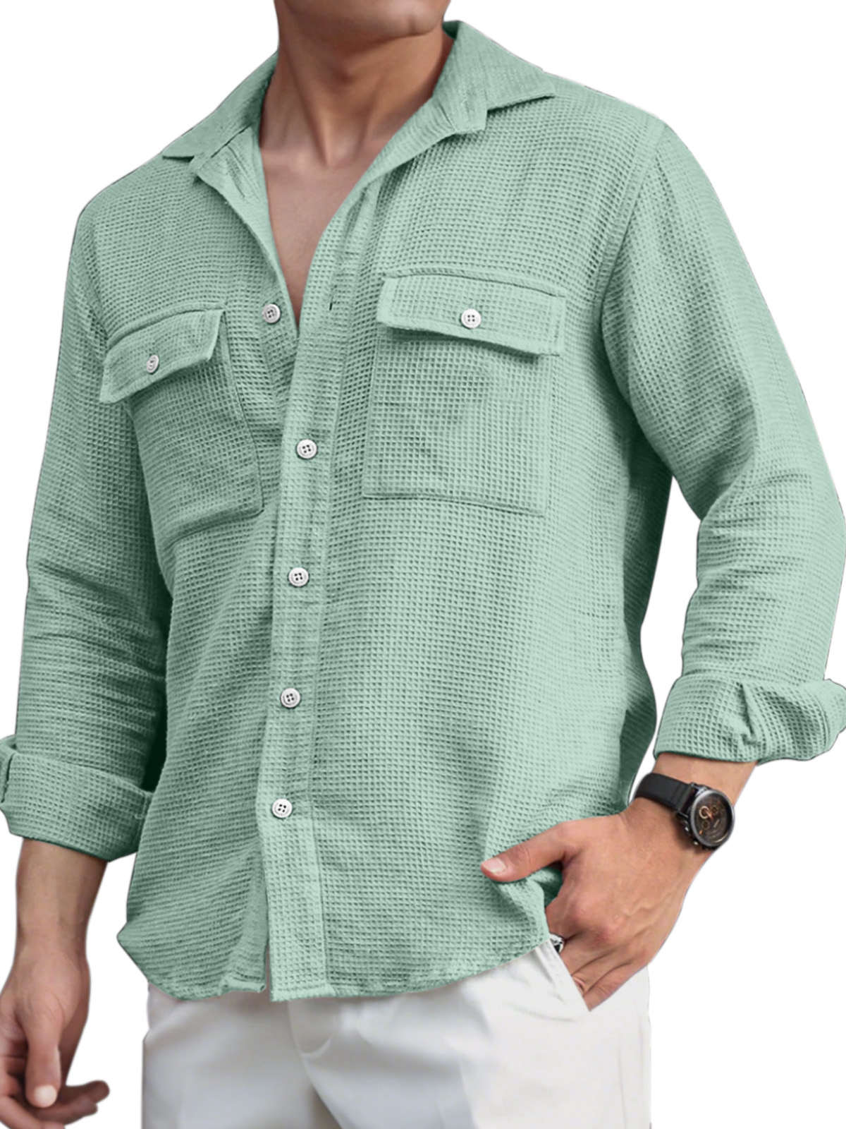 Men's Everyday Casual Solid Color Double Pocket Waffle Lapel Long Sleeve Shirt