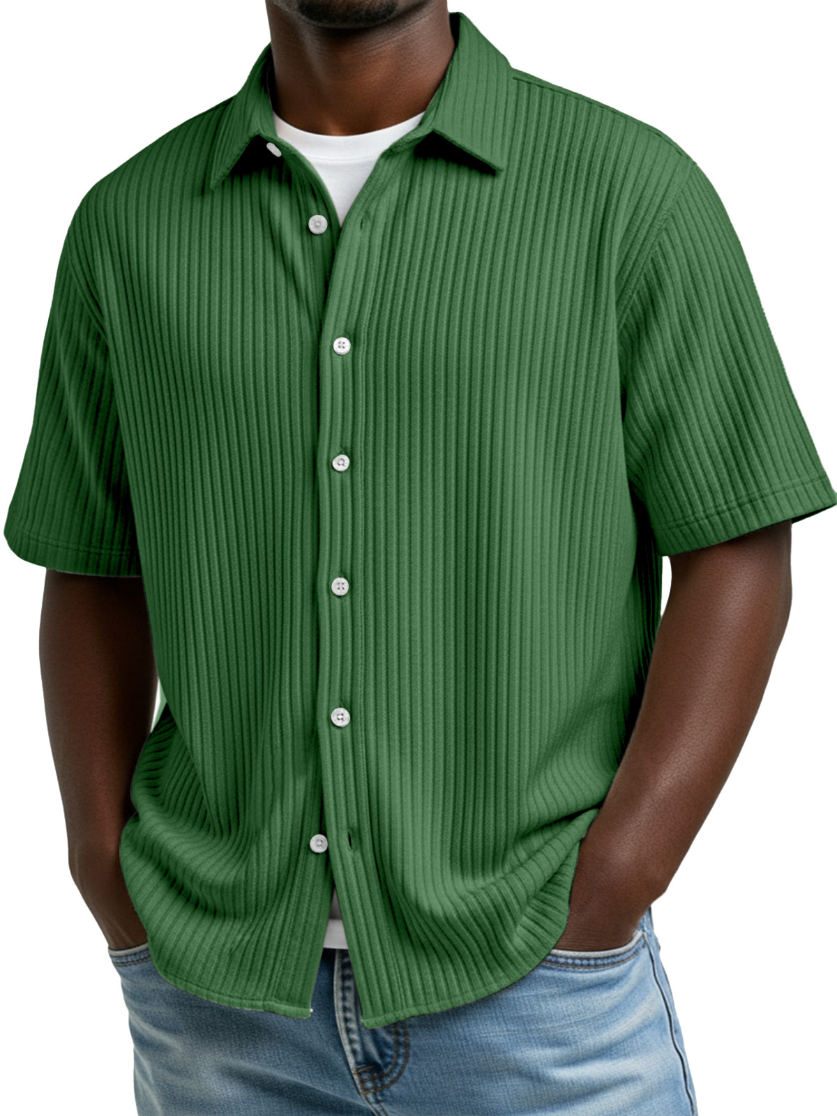 Men's Simple Solid Color Vertical Stripe Lapel Short-Sleeve Shirt