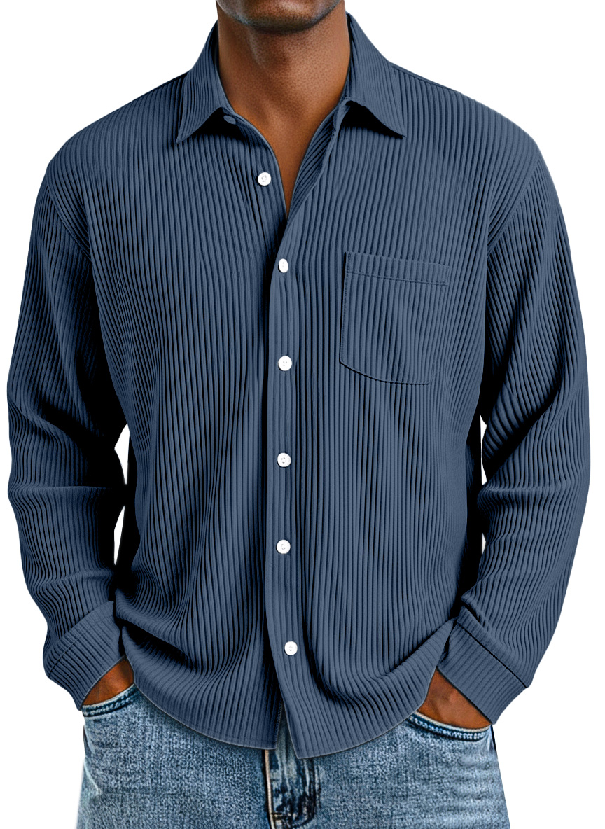 Men's daily casual vertical pit texture solid color lapel long-sleeved shirt