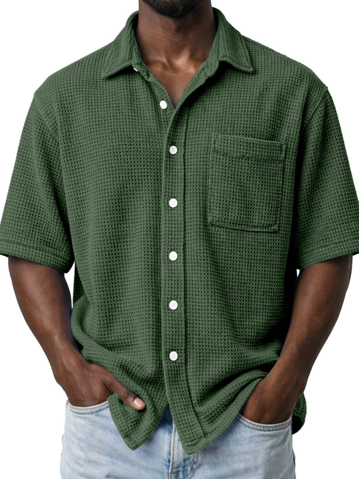 Men's Casual Solid Color Waffle Knit Short-sleeved Shirt With Pockets