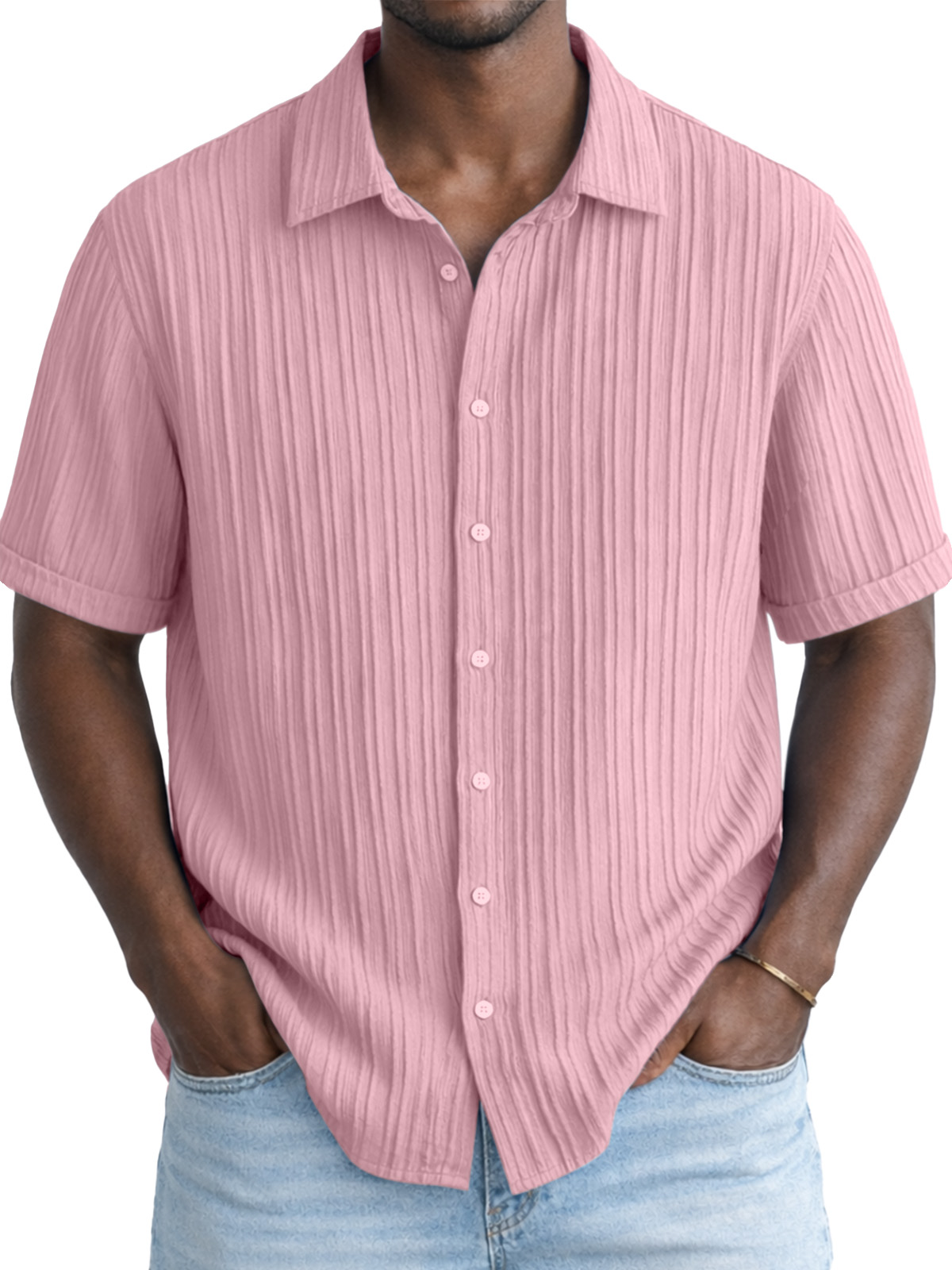 Men's Solid Color Breathable Vertical Stripe Simple Short-Sleeve Shirt