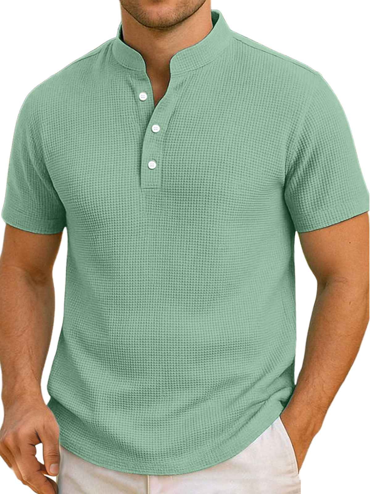 Men's Daily Simple And Comfortable Solid Color Waffle Short-sleeved Henley Shirt