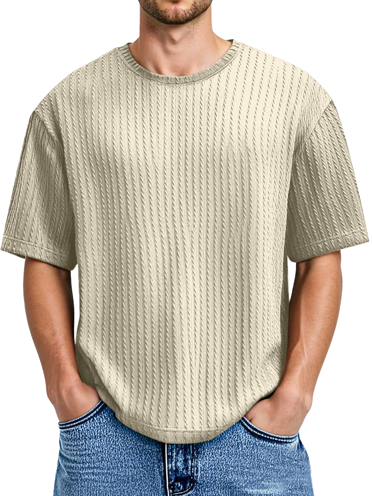 Men's Daily Solid Color Twist Texture Short-sleeved Round Neck T-shirt