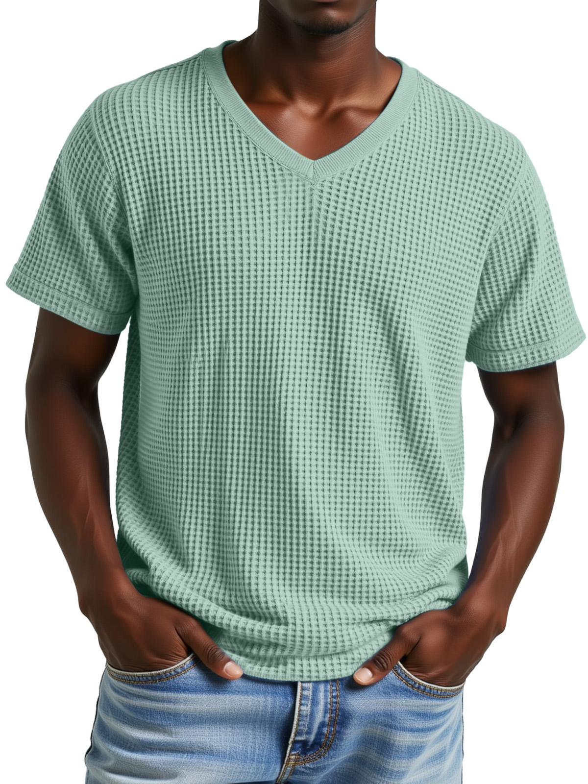 Men's Simple Casual Waffle V-neck Short Sleeve T-shirt