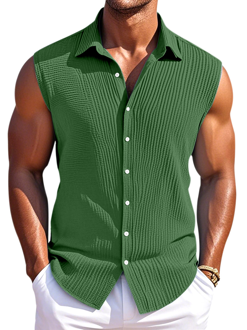Men's Summer Simple Pleated Texture Daily Lapel Button Sleeveless Shirt