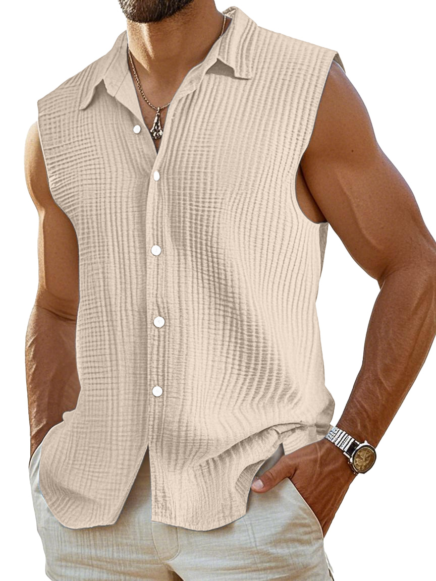 Men's Casual Pleated Texture Solid Color Sleeveless Shirt
