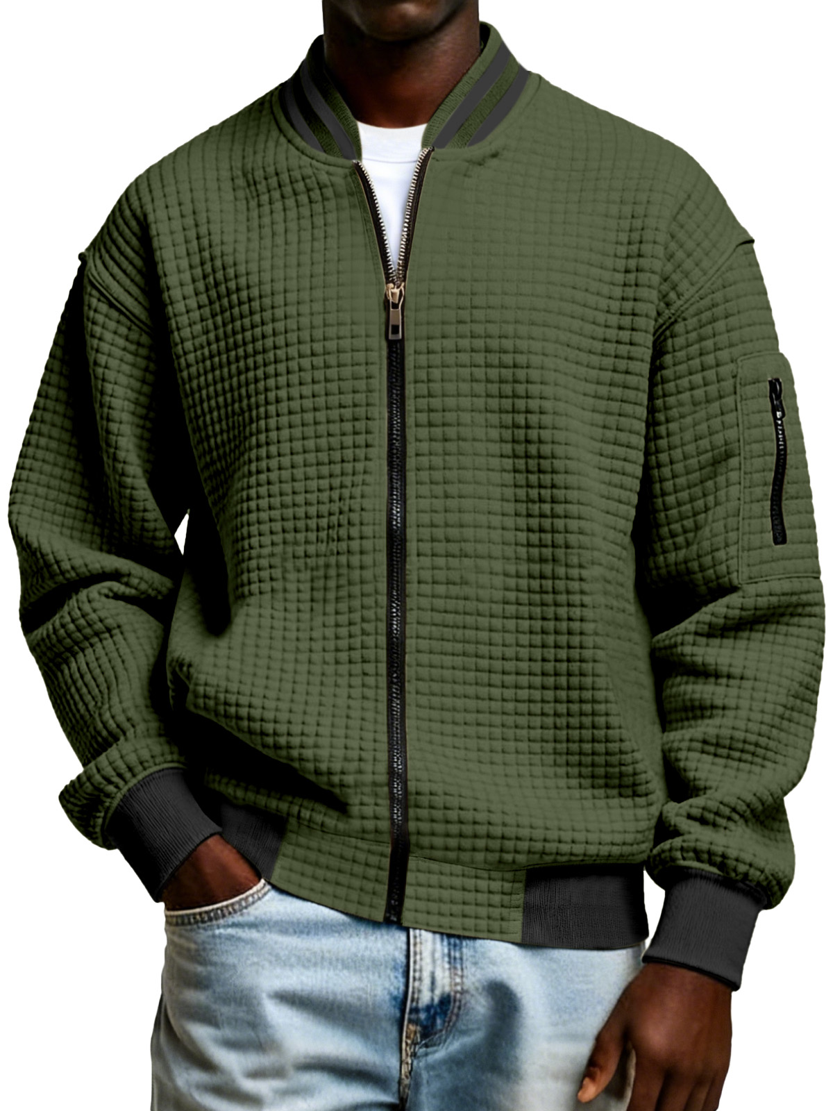 Men's Plaid Texture Solid Color Zipper Stand Collar Sweatshirt Jacket