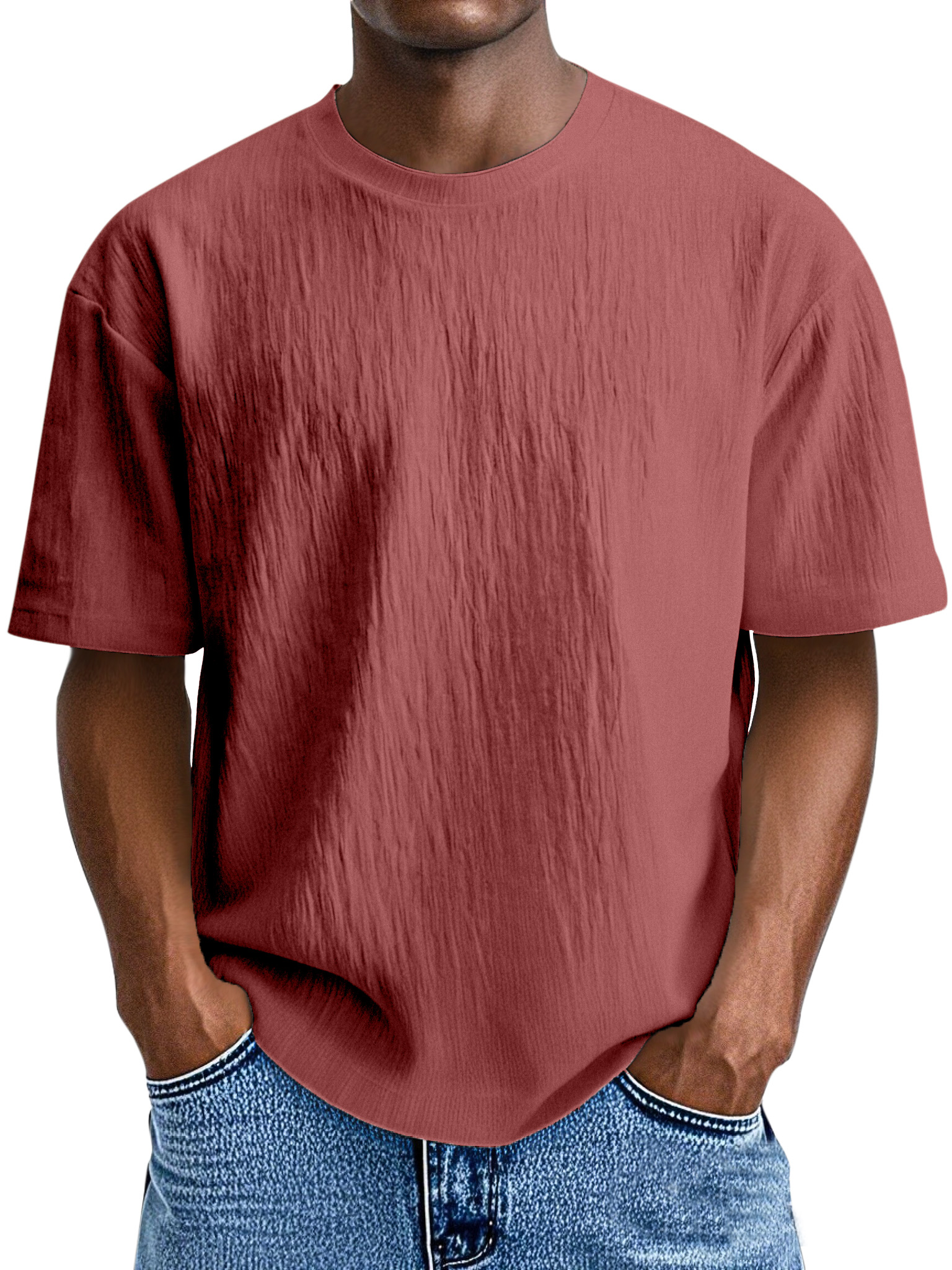 Men's Simple, Comfortable And Loose Solid Color Pleated Round Neck Short-sleeved T-shirt