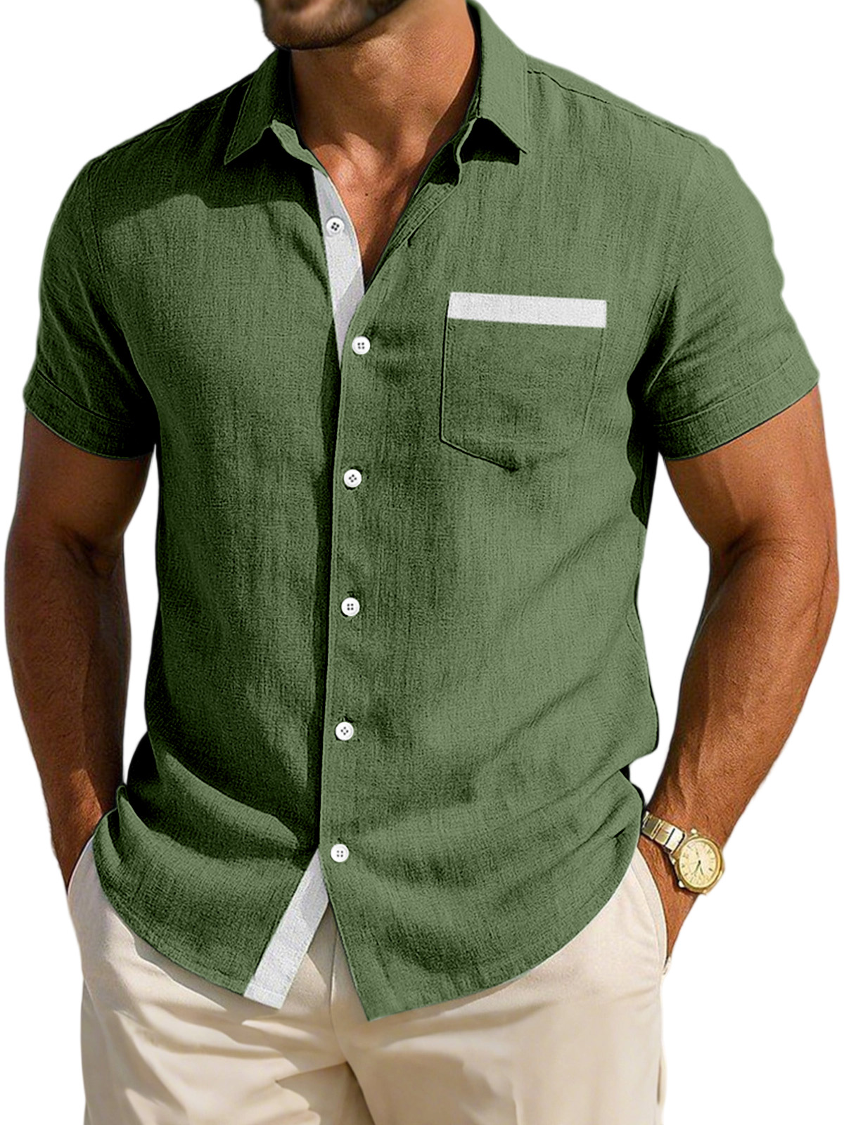 Men's Simple Daily Casual Breathable Contrast Button Short-sleeved Shirt