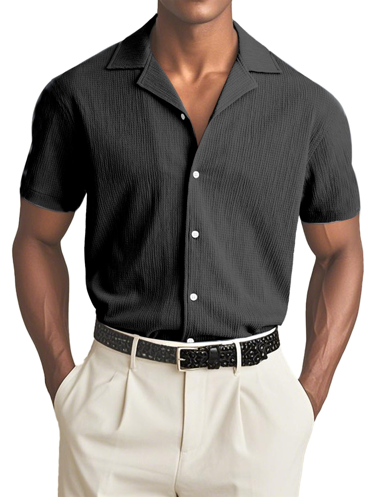 Men's Simple Solid Color Textured Cuban Collar Short-sleeved Shirt