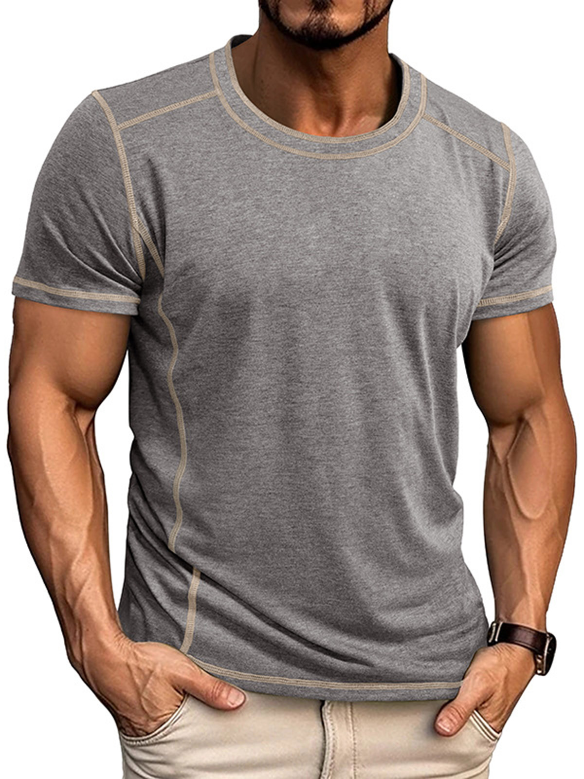 Men's Basic Casual Solid Color Stitching Design Round Neck Short-sleeved T-shirt