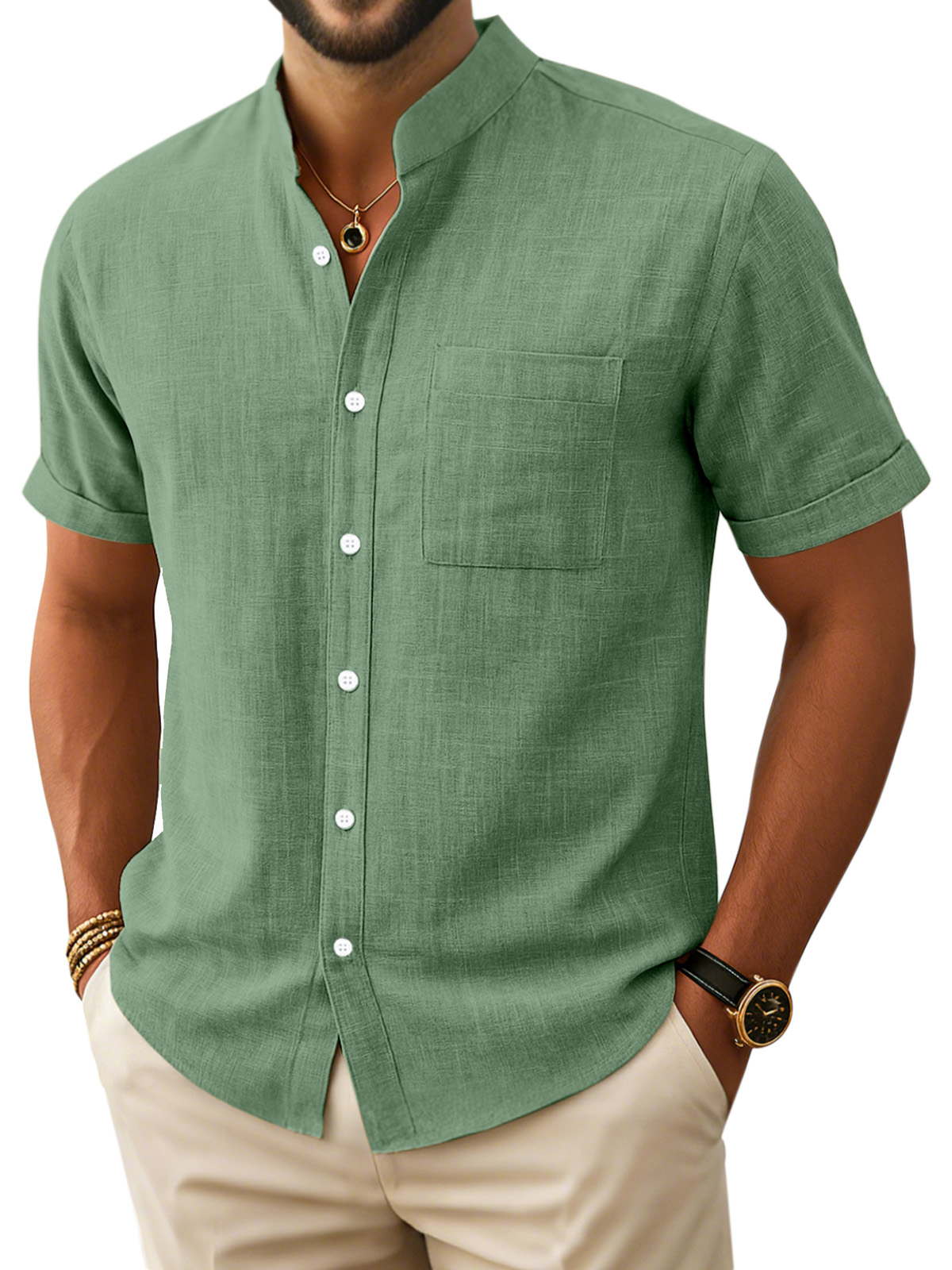 Men's Retro Simple Comfortable Stand Collar Button-down Short Sleeve Shirt