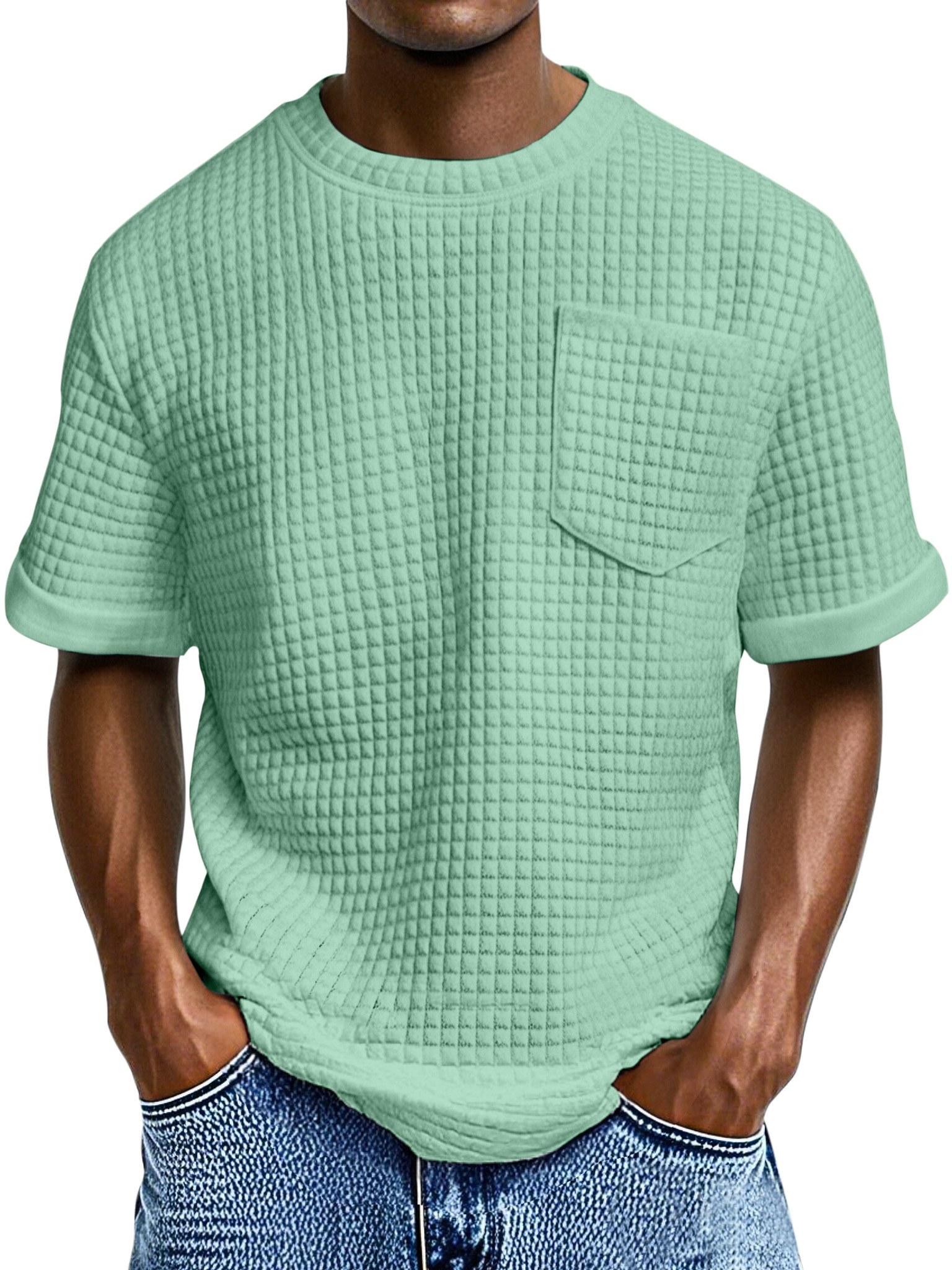 Men's Casual Loose Small Square Texture Pocket Round Neck Short-sleeved T-shirt