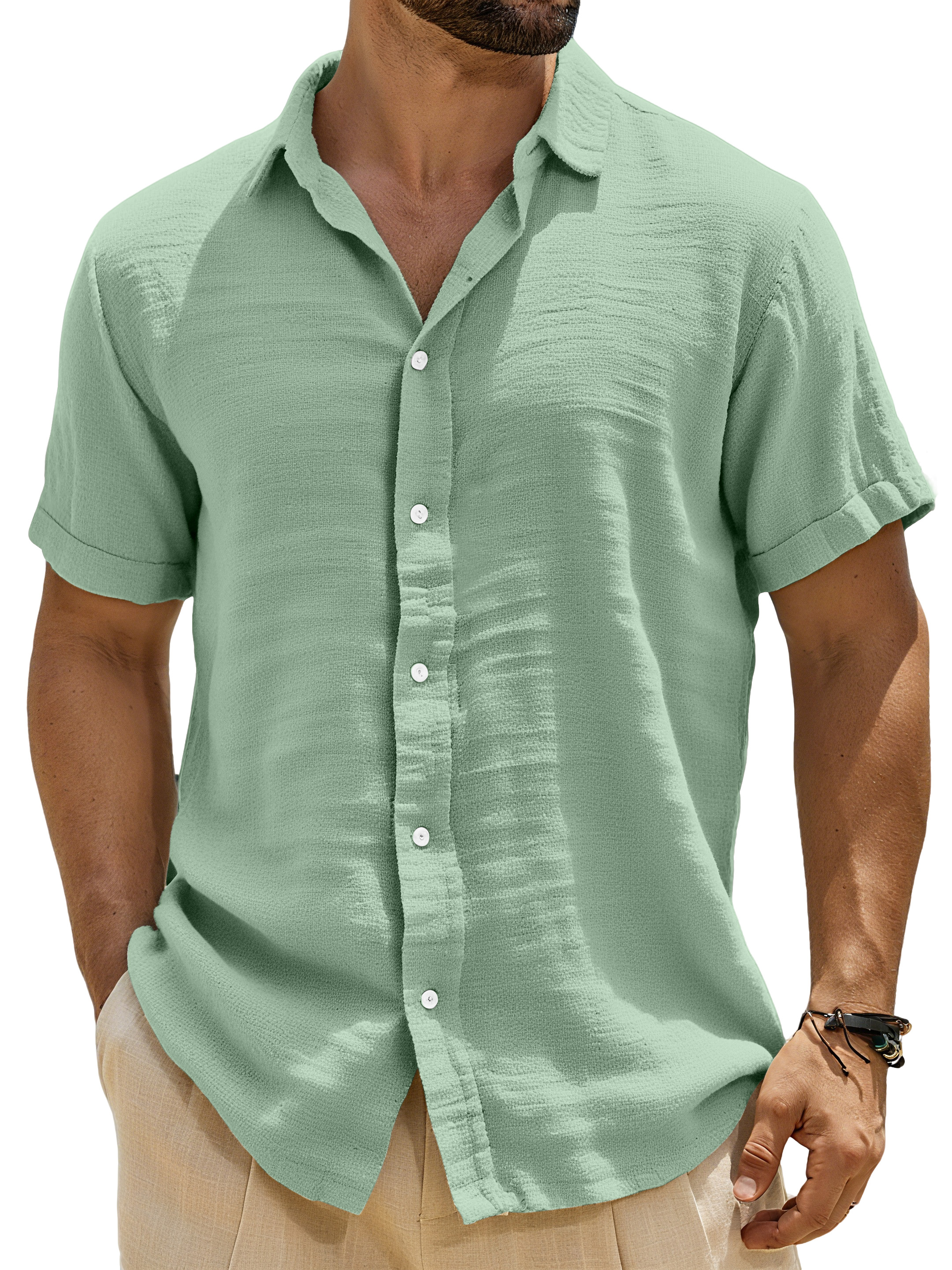 Men's Casual Solid Color Breathable Imitation Linen Button Short-sleeved Shirt