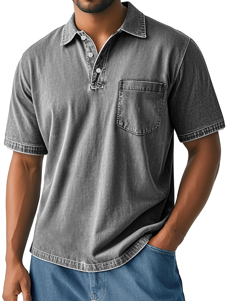 Men's Retro Washed Casual Lapel Pocket Comfortable Short Sleeve Polo Shirt