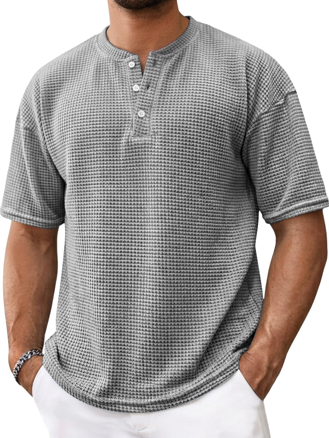 Men's Casual Textured Solid Color Short-Sleeve Henley Shirt