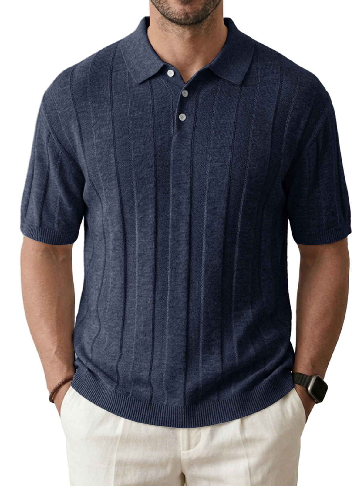 Men's Knitted Stretch Textured Striped Comfortable Short-Sleeve Polo Shirt