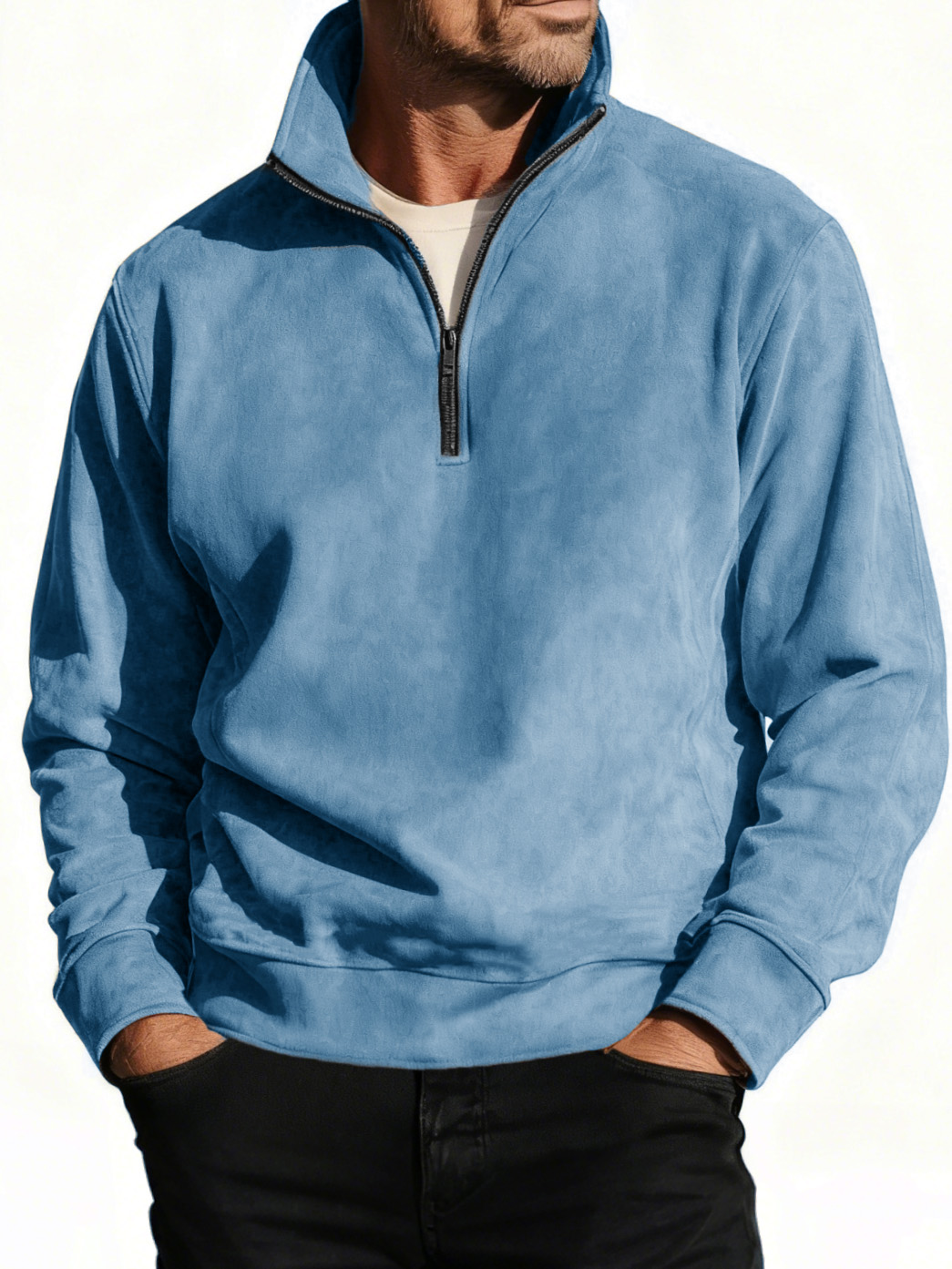 Men's Stylish Casual Suede Fabric Stand-up Collar Half-zip Long-sleeved Sweatshirt